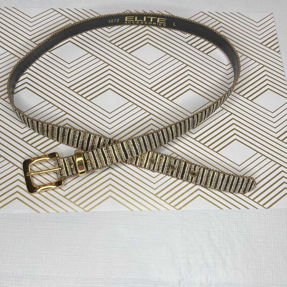 Elite Belt Stripe Shimmer Fabric Gold Buckle Belt